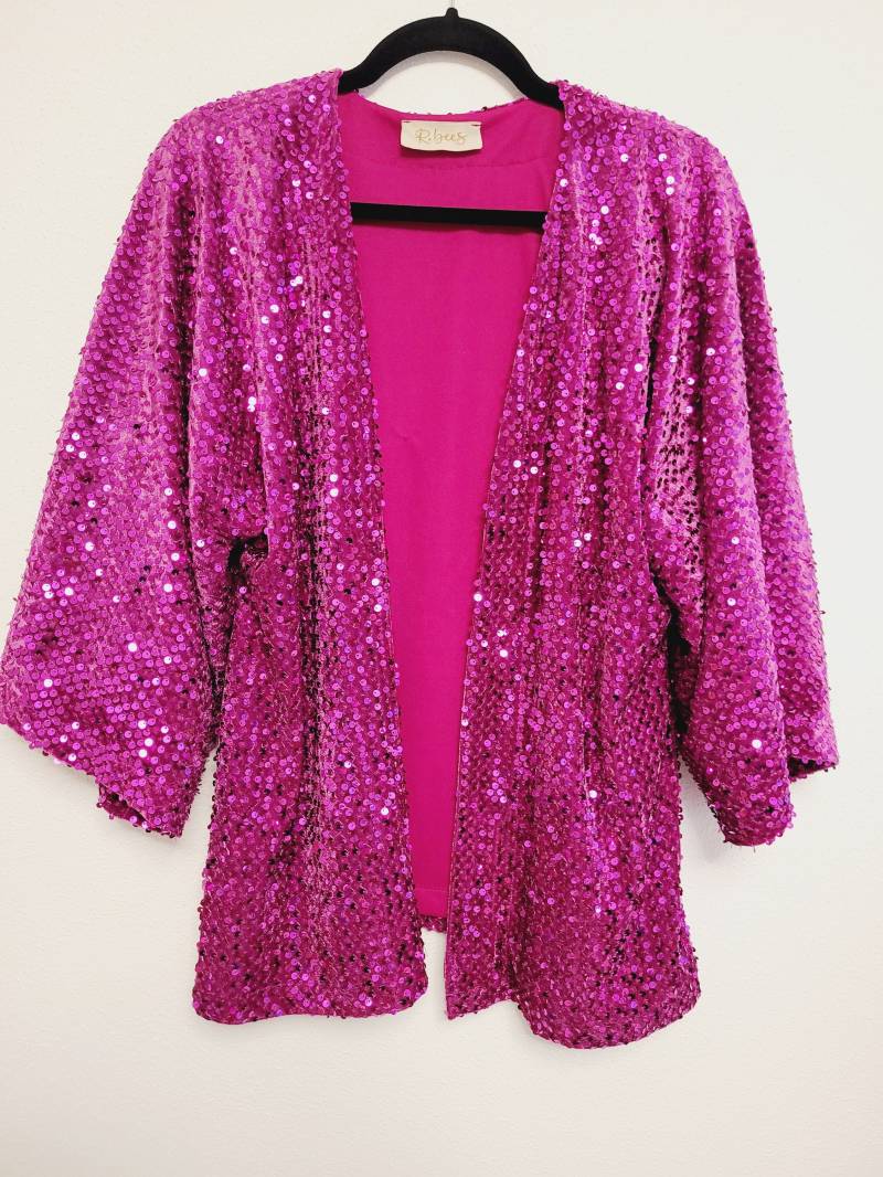 Customized Fuchsia Sequin Velvet Cardigan, Sparkly Cardigan Ladies, Bling Hot Pink Jacket, Glittery Blazer, Plus Size Sparkle von RubyLines