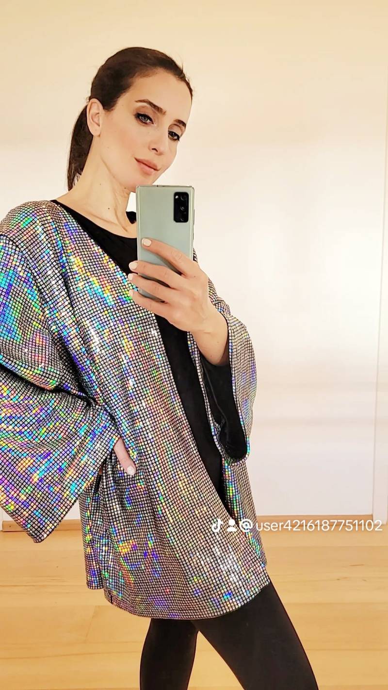 Customized Unisex Holographic Cardigan Oversized Party Reflective Jacket, Short Sparkly Kimono Glittery Blazer, Plus Size Festival von RubyLines