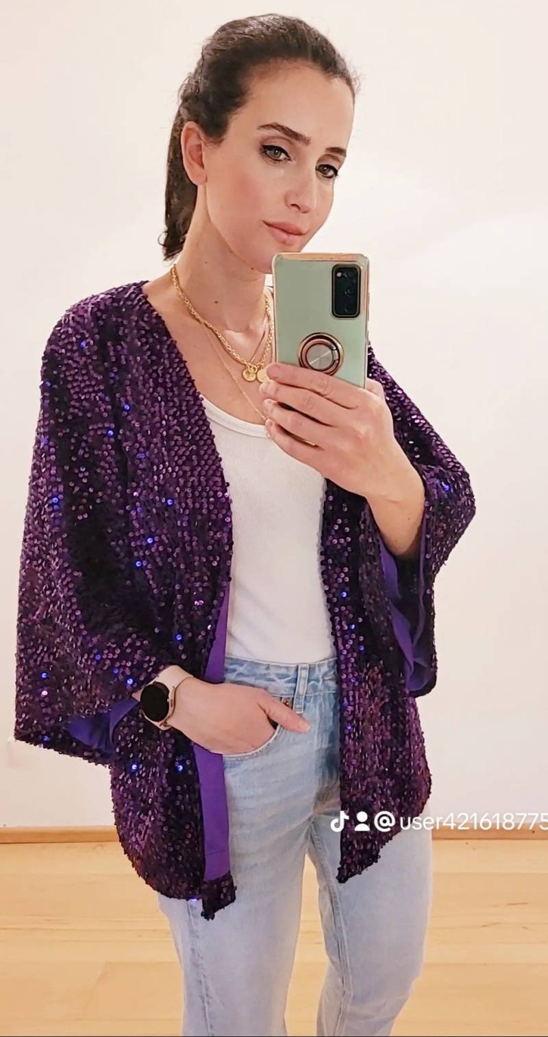 Customized Purple Sequin Jacket, Unisex Rainbow Sequined Velvet Oversized Pink Cardigan, Green Sequins Men Kimono Jacket von RubyLines