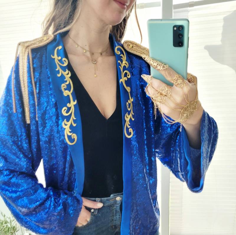 Customized Unisex Sequin Cardigan/Jacket With Epaulettes/Cardigan Golden Epaulettes/ Blue Jacket Applique/ Festival von RubyLines