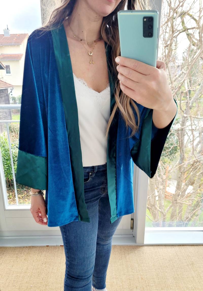 Maßgeschneiderter Samt Cardigan Damen, Blaugrüne Jacke, Kimonojacke, Oversized Jacke in Alt Rosa, Plus Size Kimono Cardigan von RubyLines