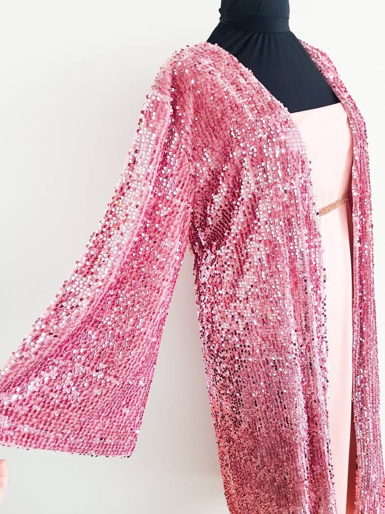 Plus Size Long Sequin Kimono, Velvet Kimono Robe, Velvet Shrug, Duster, Cape Evening Cover Up, Hot Pink Robe von RubyLines