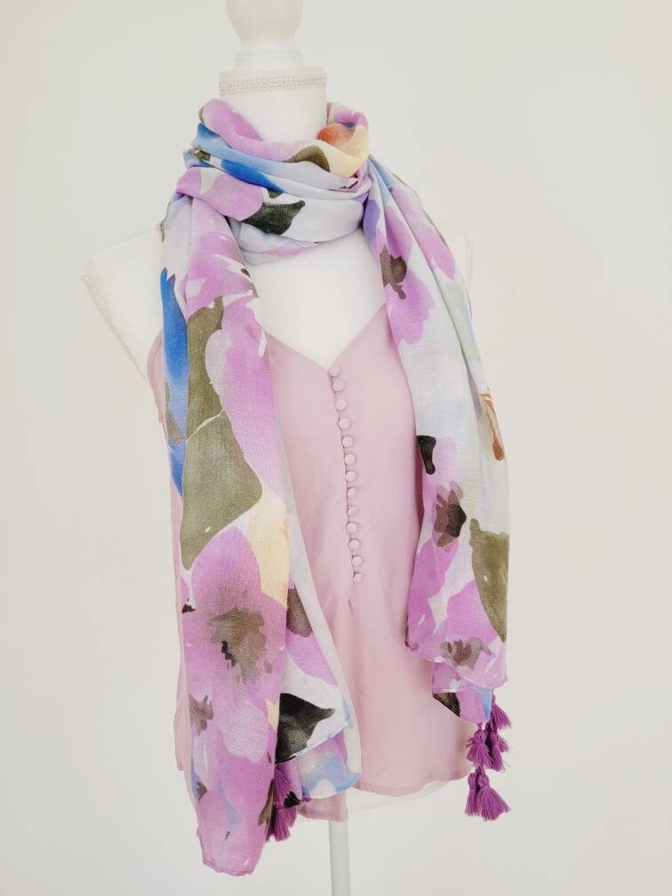 Purple Floral Light Shawl, Beig & Pink Boho Scarf With Tassels, Purple Spring Scarf, Colorful Stole von RubyLines
