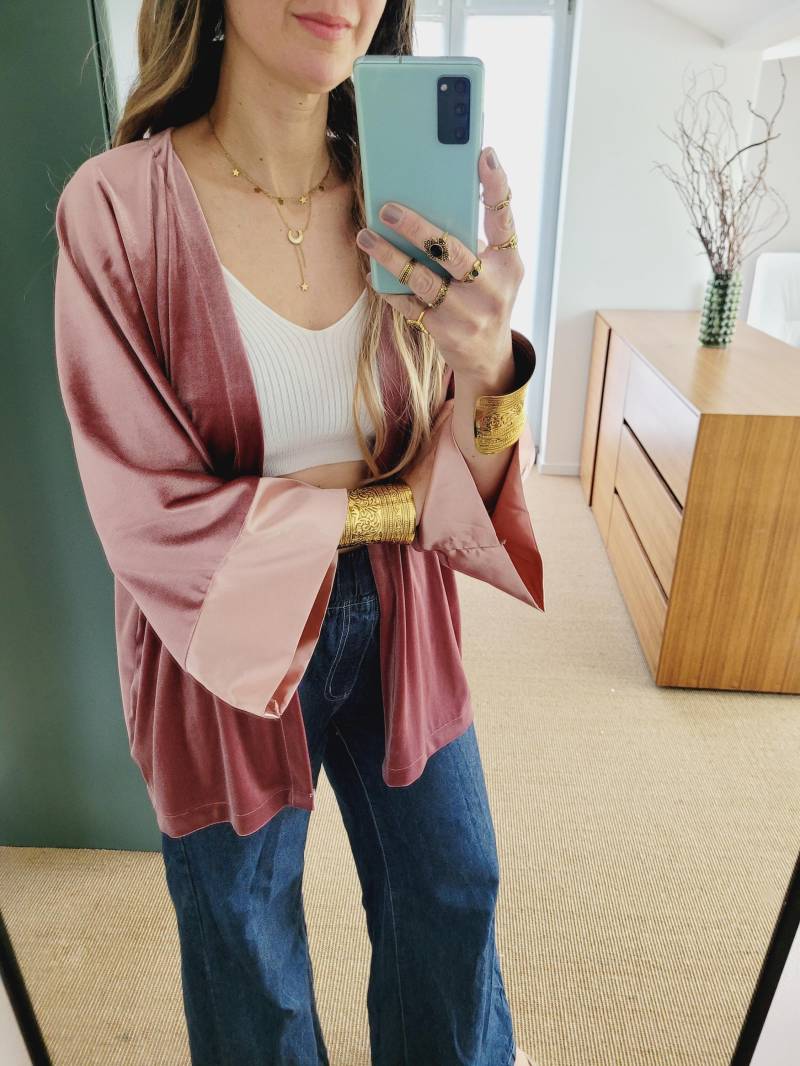 Samt Cardigan Damen, Teal Samt Kimono, Kimonojacke Oversized Jacke Damen, Samt Jacke in Alt Rosa, Plus Size von RubyLines