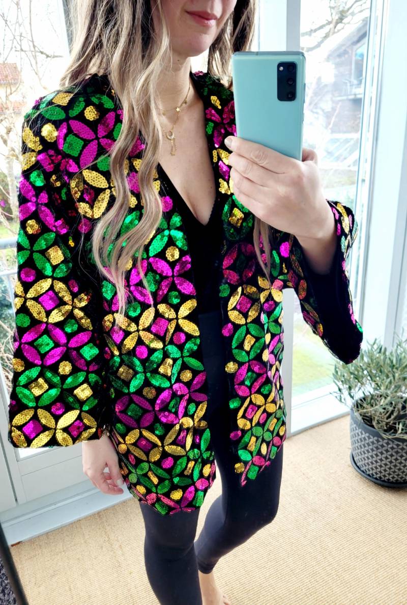 Sequin Blazer Jacket, Customized Colorful Sequin Velvet Cardigan, Festival Party Pink Jacket von RubyLines