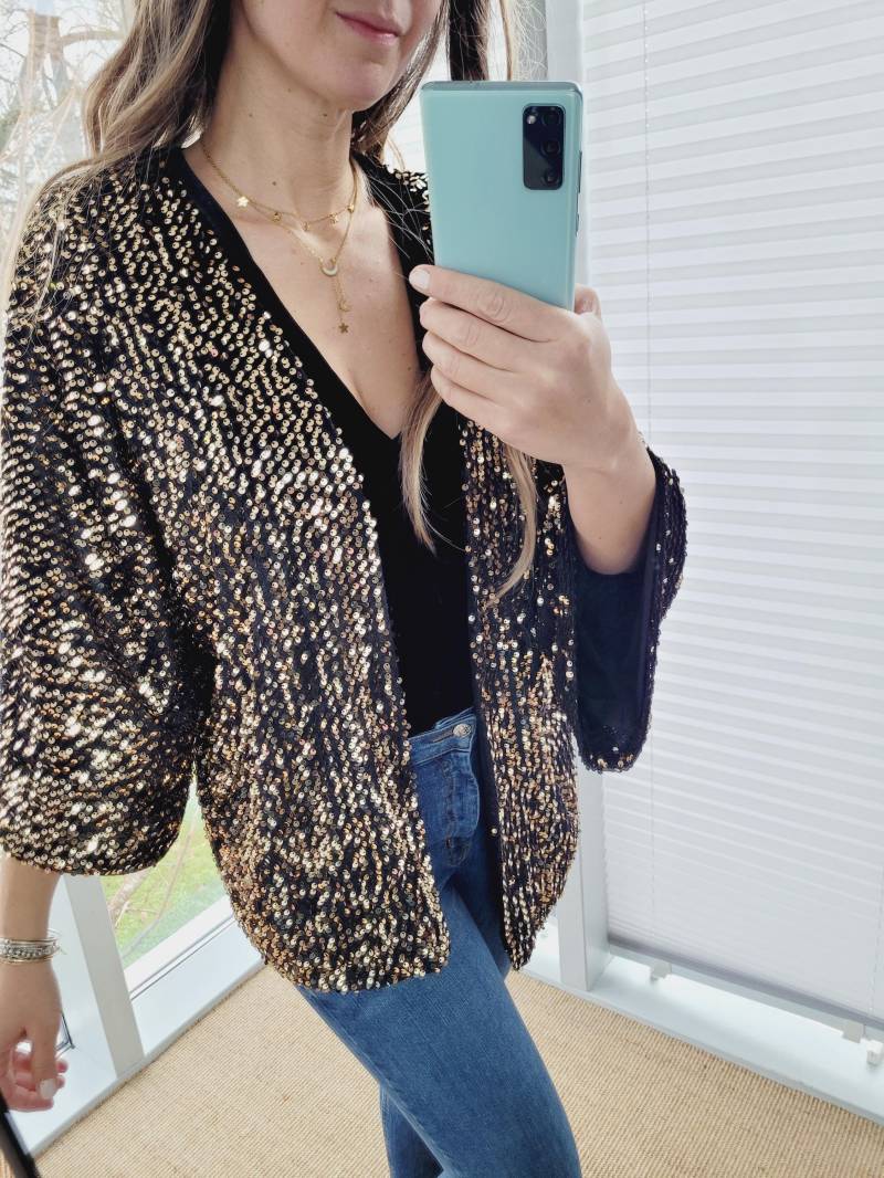 Sequin Blazer Jacket, Customized Golden Sequin Velvet Cardigan, Festival Party Christmas Plus Size Kimono Jacket von RubyLines