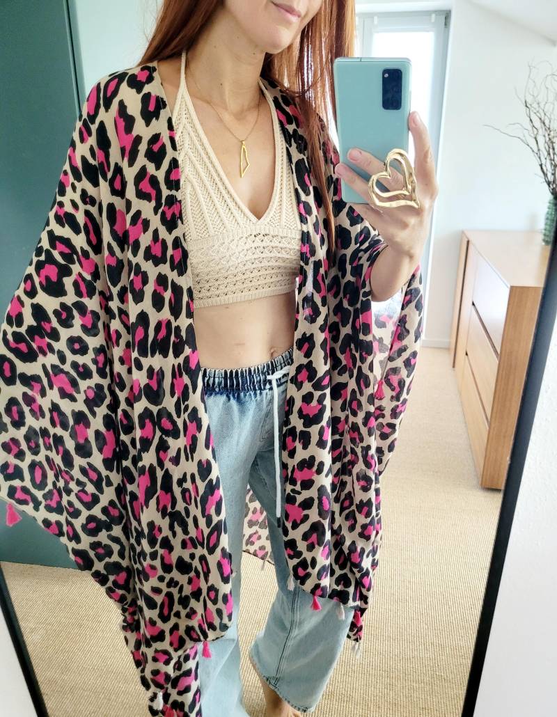 Spring Warm Cardigan With Leopard Print, Thick Poncho, Kimono Jacket Women, Braun Black Plus Size Wrap Shawl, Men von RubyLines