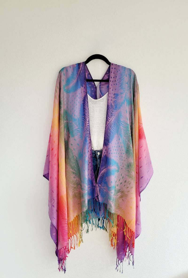 Unisex Boho Long Cardigan, Block Print Kimono, Light Festival Rainbow Duster Jacket, Christmas Gift von RubyLines