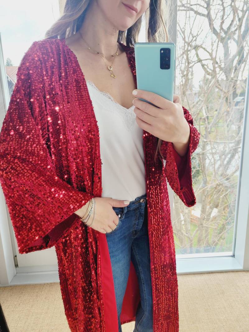 Unisex Customized Long Sequin Red Kimono, Women Cape Evening Robe, Plus Size Jacket, Jacket von RubyLines