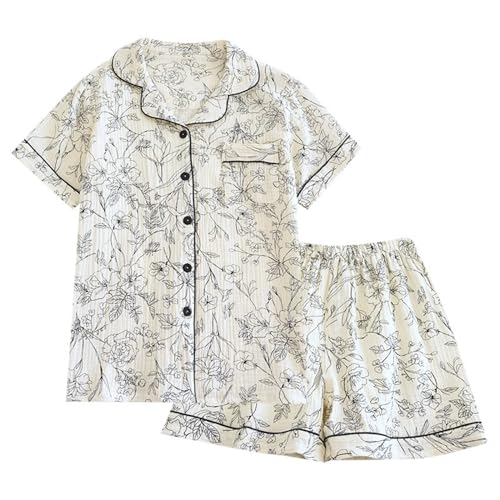 Pyjama Damen Sommer, Schlafanzug Damen Sommer Musselin Pyjama Pyjamasets Kurz Baumwolle Oberteil Hausanzug Große Größen mit Knöpfe Zweiteiler Nachtwäsche Shorty Schlafanzüge Set, M von RuFengz