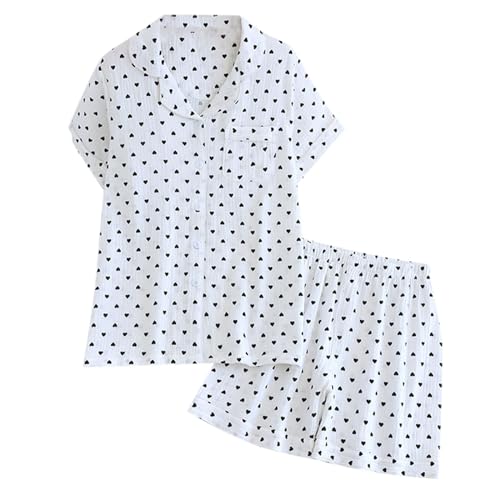 Pyjama Damen Sommer, Schlafanzug Damen Sommer Musselin Pyjama Pyjamasets Kurz Baumwolle Oberteil Hausanzug Große Größen mit Knöpfe Zweiteiler Nachtwäsche Shorty Schlafanzüge Set, XL von RuFengz