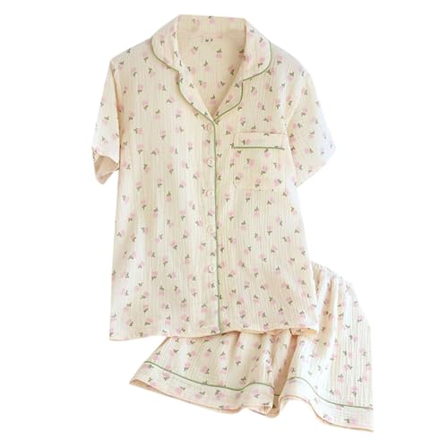 Damen Schlafanzug, Schlafanzug Damen Sommer Musselin Pyjama Pyjamasets Kurz Baumwolle Oberteil Hausanzug Große Größen mit Knöpfe Zweiteiler Nachtwäsche Shorty Schlafanzüge Set, M von RuFengz