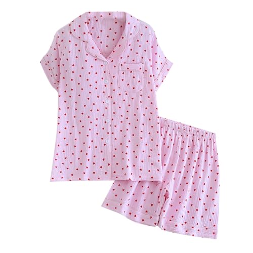 Damen Tshirt, Schlafanzug Damen Sommer Musselin Pyjama Pyjamasets Kurz Baumwolle Oberteil Hausanzug Große Größen mit Knöpfe Zweiteiler Nachtwäsche Shorty Schlafanzüge Set, L von RuFengz