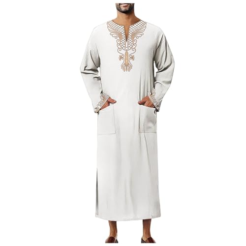 RuFengz Kimono Herren, Gebetskleidung für Männer Baumwolle Frühling Elegant Jalabiya Kaftan Muslim Lang Sommermantel Thawb Islam Große Größe Thobe Abaya mit Kopftuch Muslimische Jellabiya, Weiß, M von RuFengz
