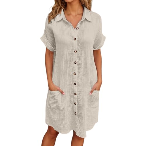 RuFengz kleid damen sommer, Musselin Sommer V Ausschnitt Shirtkleid Kurzarm Casual Strandkleid Hemdkleid Leich t Luftig Blusenkleid Midikleid Elegant Locker Tunika Kleider, Beige, L von RuFengz