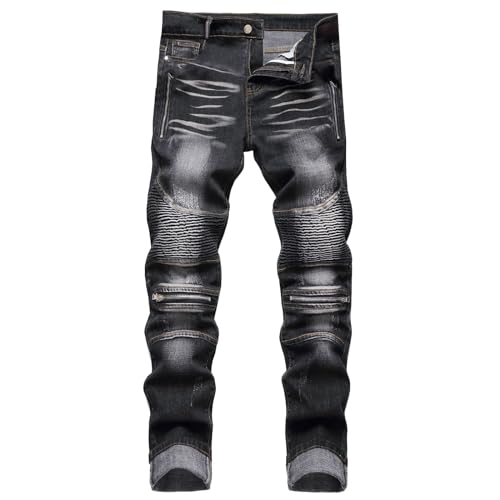RuFengz Motorradhose Herren, Motorradjeans Herren Stretch mit Protektoren Sommer Motorradhose Löchern Tasche Otorradjeans Hose Lederhose Leggings Kurzgrößen Outdoor Trainingshose Jeans, Schwarz von RuFengz
