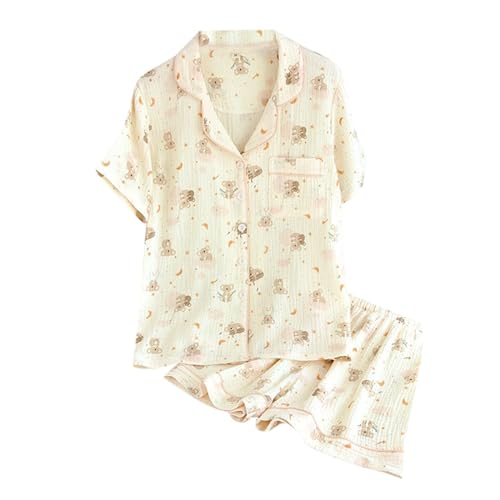 Pyjama Damen kurz, Schlafanzug Damen Sommer Musselin Pyjama Pyjamasets Kurz Baumwolle Oberteil Hausanzug Große Größen mit Knöpfe Zweiteiler Nachtwäsche Shorty Schlafanzüge Set, M von RuFengz