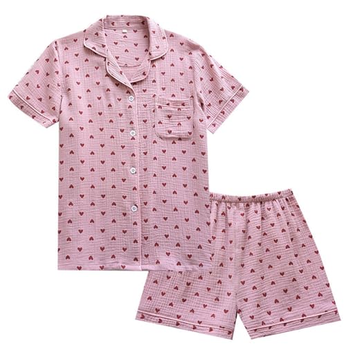 Schlafanzug Damen Sommer Musselin Pyjama Pyjamasets Kurz Baumwolle Oberteil Hausanzug Große Größen mit Knöpfe Zweiteiler Nachtwäsche Shorty Schlafanzüge Set, M von RuFengz
