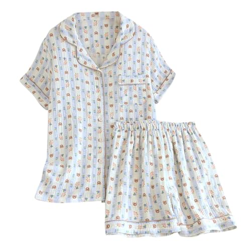 Silk Pyjama, Schlafanzug Damen Sommer Musselin Pyjama Pyjamasets Kurz Baumwolle Oberteil Hausanzug Große Größen mit Knöpfe Zweiteiler Nachtwäsche Shorty Schlafanzüge Set, XL von RuFengz