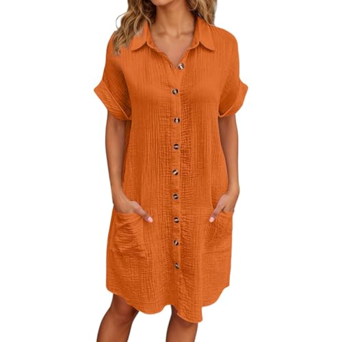 sommerkleid damen leicht und luftig, Musselin Kleid Sommer V Ausschnitt Shirtkleid Kurzarm Strandkleid Hemdk leid Luftig Blusenkleid Midikleid Elegant Locker Tunika Kleider, Orange, M von RuFengz