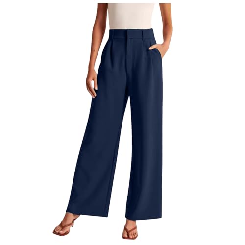 RuFengz Stoffhose Damen elegant, Anzughose Damen Elegant Sommer Hose Locker Palazzo Einfarbig Hosen Freizeithose Lässig Locker Leichte Dehnbar Lounge Hose mit Gummibund und Taschen, Dunkelblau, L von RuFengz