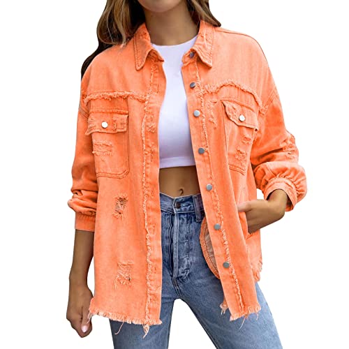 RuFengz angebote, Jeansjacke Oversize Damen Denim Langarm Button Frühlingsjacke mit Brusttaschen Große Größen Jeansbluse Frühling Outdoor Hemdjacke Hemdbluse Baggy Casual Oberteile Jeanshemd, Orange von RuFengz