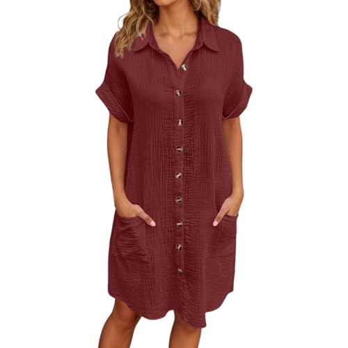 RuFengz blusenkleid damen sommer, Musselin Kleid Sommer V Ausschnitt Shirtkleid Kurzarm Casual Strandkleid Hemdklei d Leicht Luftig Midikleid Elegant Locker Tunika Kleider, Braun, XL von RuFengz