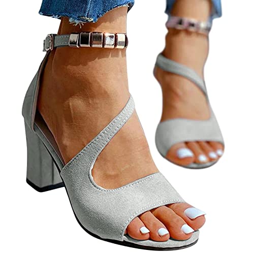 RuFengz damen schuhe sommer elegant, Sandalen Damen mit Absatz Elegant Blockabsatz Sandaletten Fischmaul Sommerschuhe Bequem High Heels Sandals Offene Sommer Schuhe Römersandalen Schnallen, Grau, 38 von RuFengz
