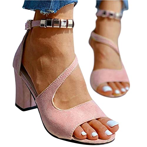 RuFengz damen sommerschuhe elegant, Sandalen Damen mit Absatz Elegant Blockabsatz Sandaletten Fischmaul Sommerschuhe Bequem High Heels Sandals Offene Sommer Schuhe Römersandalen Schnallen, Rosa, 40 von RuFengz