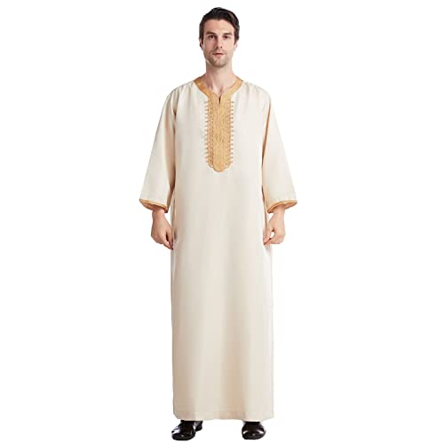 RuFengz Jalabiya Herren, Kaftan Herren Lang Weiss Muslim mit Kopftuch Gebetskleidung Thobe Elegant Frühling Jalabiya Jellabiya Islam für Frauen Abaya Thawb Sommer Große Größe Sommermantel, Beige, 3XL von RuFengz