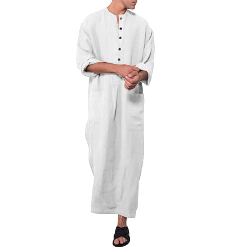 RuFengz Jalabiya Herren, Kaftan Herren Leinen Sommer Lang Jellabiya Thobe Große Größe mit Kopftuch Sommermantel Jalabiya Muslimische Elegant Thawb Gebetskleidung Frühling Muslim Abaya, Weiß, 5XL von RuFengz