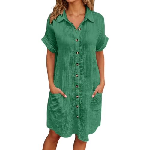 RuFengz jeanskleid damen, Musselin Kleid Damen Sommer V Ausschnitt Shirtkleid Kurzarm Casual Strandkleid Hemdkleid Leicht Luftig Blusenkleid Midikleid Elegant Locker Tunika Kleider, Grün, XL von RuFengz