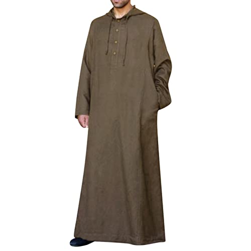 RuFengz Kaftan Herren, Gebetskleidung für Männer Baumwolle Lang Islam Thawb Jalabiya Frühling Muslim Kaftan Jellabiya mit Kopftuch Elegant Thobe Sommer Frauen Abaya Sommermantel, Braun, 5XL von RuFengz
