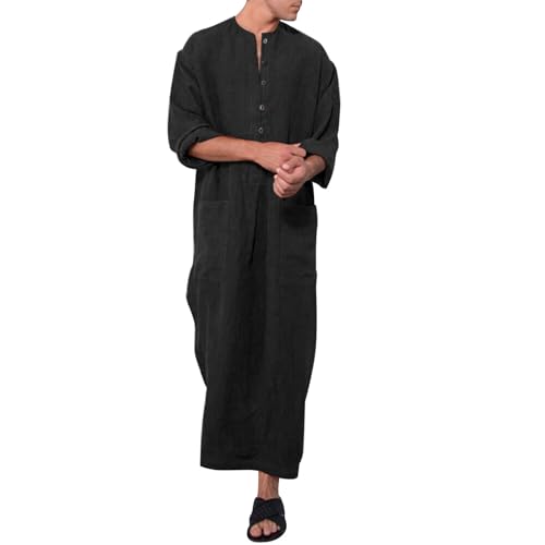 RuFengz Kaftan Herren, Kaftan Herren Leinen Sommer Lang Jellabiya Thobe Große Größe mit Kopftuch Sommermantel Jalabiya Muslimische Elegant Thawb Gebetskleidung Frühling Muslim Abaya, Schwarz, 5XL von RuFengz