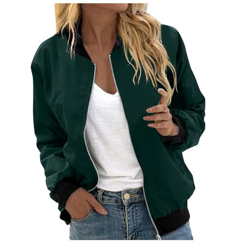 RuFengz sommerjacke damen lang mit kapuze, Sommerjacke Damen Leicht Frühling Frühjahrsjacke Oversize Übergangsjacke Grosse Grössen Sommer Damenjacken Sportjacke Lang Zipper Bomberjacke, L, Dunkelgrün von RuFengz