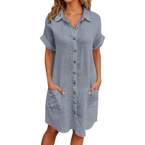 RuFengz tunikakleid damen sommer, Musselin Kleid Sommer V Ausschnitt Shirtkleid Kurzarm Casual Strandkleid Hemdklei d Leicht Luftig Blusenkleid Midikleid Elegant Locker Tunika Kleider, Grau, L von RuFengz