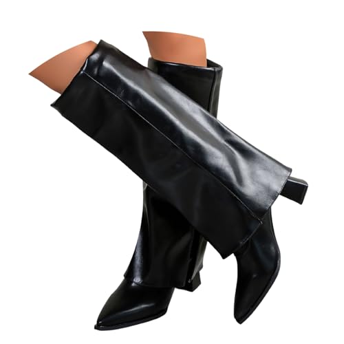 RuFengz wide calf boots, Fold Over Boots Damen Elegant Mode mit Blockabsatz Lederstiefel Damenstiefel Spitzer Winter Warme Weitschaftstiefel Cowboystiefel Leder Herbst Schlupfstiefel Winterstiefel von RuFengz