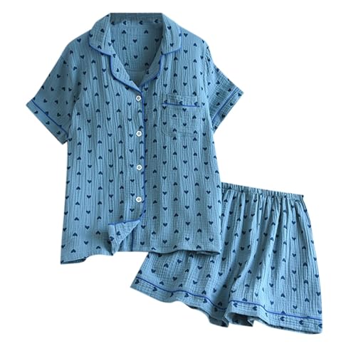 Schlafanzug Damen Sommer Musselin Pyjama Pyjamasets Kurz Baumwolle Oberteil Hausanzug Große Größen mit Knöpfe Zweiteiler Nachtwäsche Shorty Schlafanzüge Set, XL von RuFengz