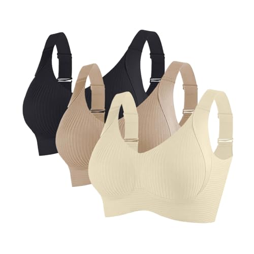 bh breite träger, 3er Pack BH Damen Ohne Bügel Gepolstert Große Brüste Starker Halt Bra Push Up Nahtlose Unterwäsche Weich Bequem BHS Verstellbarer Sport Bustier Büstenhalter Große Größen von RuFengz