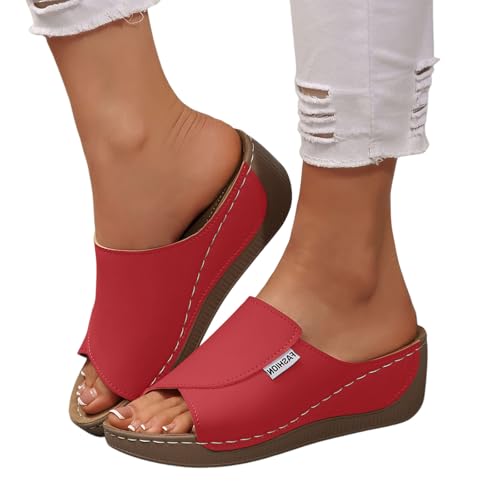 bio pantoletten damen, Vivastep Sandalen Damen Orthopädische Schuhe Sommer Ergonomische Rutschfeste Sandaletten zur Schmerzlinderung Leder Offener Sommerschuhe Leicht Bequem Hausschuhe Slides Rot 38 von RuFengz