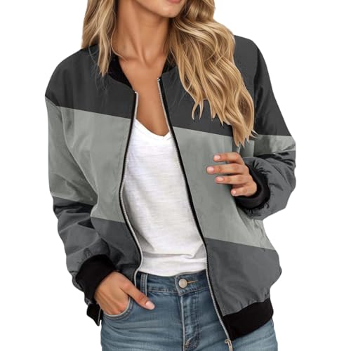 blouson damen schwarz, Bomberjacke Damen Leichte Sommerjacke Streifen Farbblock Blouson Jacke Kurz Übergangsjacke Casual Pilotenjacke mit Reißverschluss Dünne Herbst Sweatjacke College Jacke XS von RuFengz