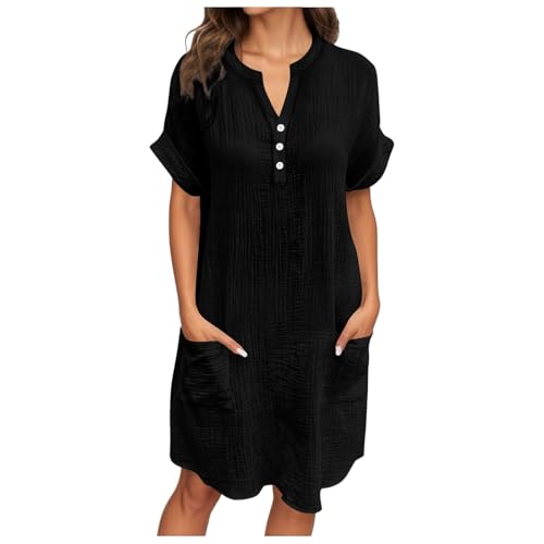 blusenkleid damen schwarz, Musselin Kleid Damen Sommer V Ausschnitt Sommerkleid Shirtkleid Kurzarm Casual Strandkleid Hemdkleid Leicht Luftig Blusenkleid Midikleid Elegant Locker Tunika Schwarz XXL von RuFengz