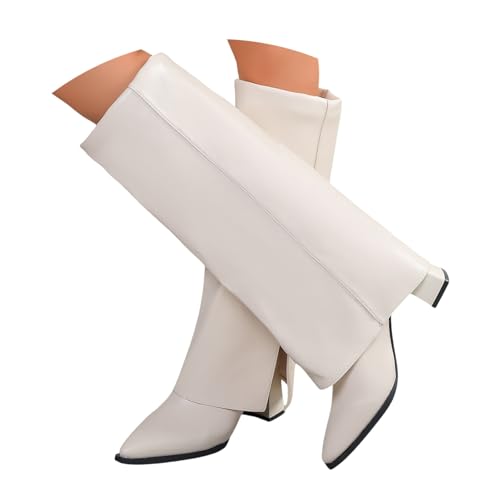 damen stiefeletten mit absatz, Fold Over Boots Damen Elegant Mode mit Blockabsatz Lederstiefel Damenstiefel Spitzer Winter Warme Weitschaftstiefel Cowboystiefel Leder Schlupfstiefel Winterstiefel von RuFengz