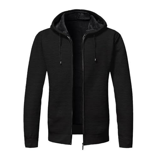 fleecejacke herren mit kapuze schwarz,n für Herren Stehkragen mit Kapuze Feinstrickjacke Pullover Schlichter Leichte Sweatshirt Grobstrick Langarm Strickfleecejacke Sweatjacke Männer, XXL, Schwarz von RuFengz