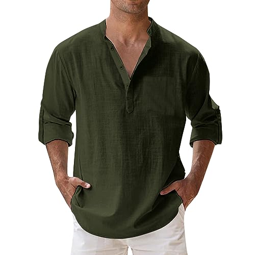 leinen hemden herren, Freizeithemd Herren Langarm Baumwolle Sportlich Sommer Fischerhemd Hemd Leinen Hawaii Leinenhemd Outfit Outdoor Jogging Sommerhemd Overshirt Große Größen, Armeegrün 1, 4XL von RuFengz