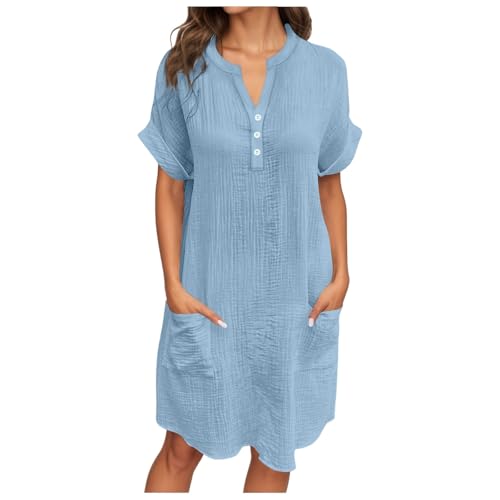 leinen kleid damen beige, Musselin Kleid Damen Sommer V Ausschnitt Sommerkleid Shirtkleid Kurzarm Casual Strandkleid Hemdkleid Leicht Luftig Blusenkleid Midikleid Elegant Locker Tunika Hellblau XXL von RuFengz
