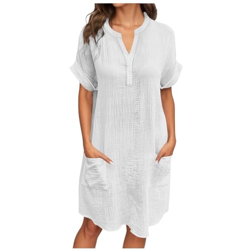 leinen kleid damen weiß, Musselin Kleid Damen Sommer V Ausschnitt Sommerkleid Shirtkleid Kurzarm Casual Strandkleid Hemdkleid Leicht Luftig Blusenkleid Midikleid Elegant Locker Tunika Kleider Weiß XL von RuFengz