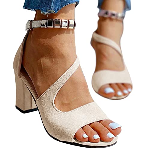 römersandalen damen, Sandalen Damen mit Absatz Elegant Blockabsatz Sandaletten Fischmaul Sommerschuhe Bequem High Heels Sandals Offene Sommer Schuhe Römersandalen Schnallen Große Größe, Beige, 37 von RuFengz