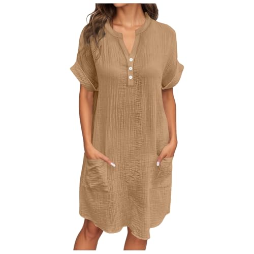 shirtkleid damen große größen, Musselin Kleid Damen Sommer V Ausschnitt Sommerkleid Shirtkleid Kurzarm Casual Strandkleid Hemdkleid Leicht Luftig Blusenkleid Midikleid Elegant Locker Tunika Khaki M von RuFengz