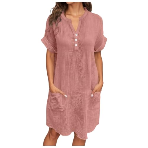 shirtkleid damen sommer, Musselin Kleid Damen Sommer V Ausschnitt Sommerkleid Shirtkleid Kurzarm Casual Strandkleid Hemdkleid Leicht Luftig Blusenkleid Midikleid Elegant Locker Tunika Kleider Rosa S von RuFengz